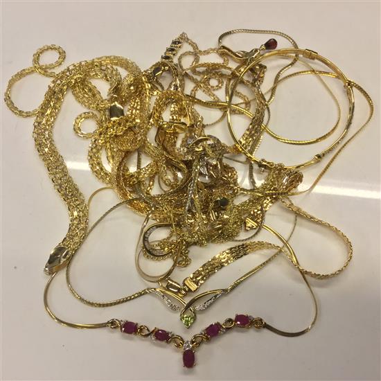 Modern 9 ct gold necklaces, bangle, 70g gross